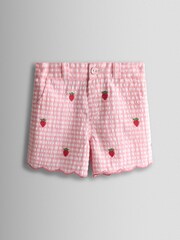 JoJo Maman Bébé Pink Strawberry Scallop Hem Embroidered Shorts - Image 1 of 4