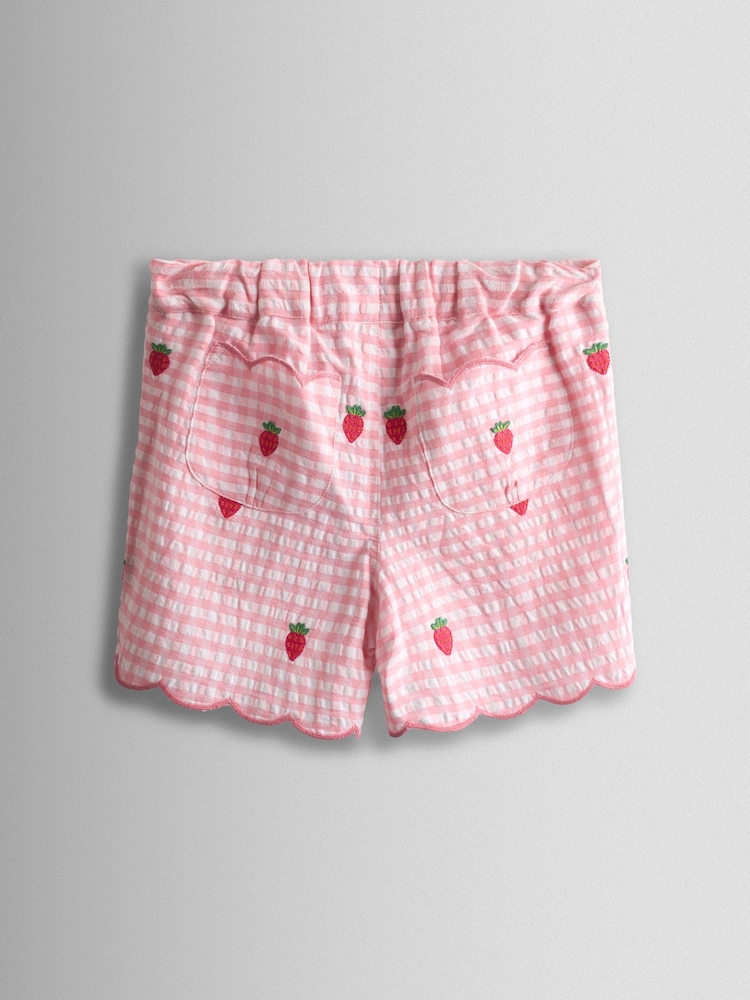 JoJo Maman Bébé Pink Strawberry Scallop Hem Embroidered Shorts - Image 2 of 4