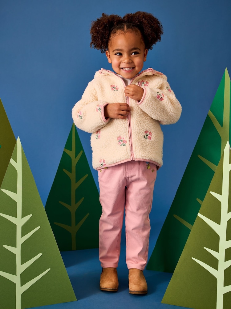 JoJo Maman Bébé Mid Pink Floral Embroidered Twill Trousers - Image 1 of 3 JoJo Maman Bébé Mid Pink Floral Embroidered Twill Trousers - Image 1 of 3