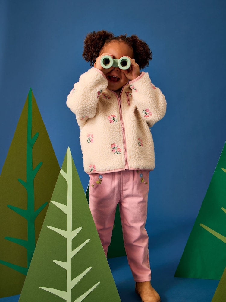 JoJo Maman Bébé Mid Pink Floral Embroidered Twill Trousers - Image 3 of 3 JoJo Maman Bébé Mid Pink Floral Embroidered Twill Trousers - Image 3 of 3