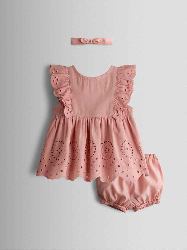 JoJo Maman Bébé Pink Broderie Dress, Bloomers & Headband Set - Image 1 of 7