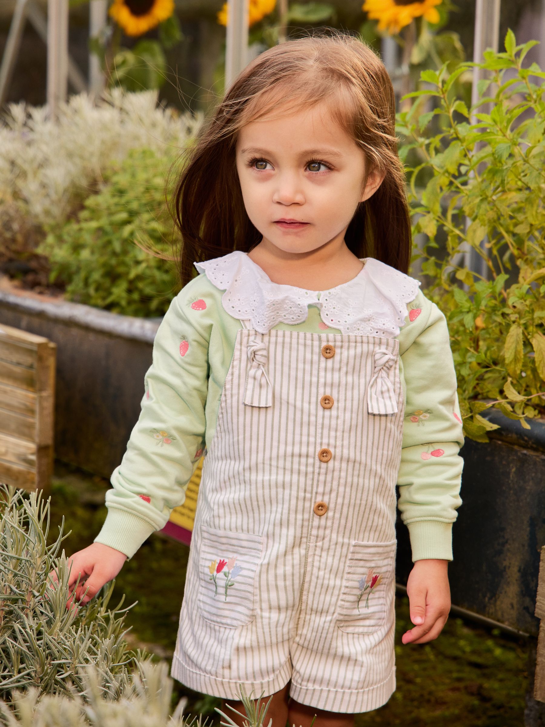 Jojo Maman Bébé Green Floral Embroidered Stripe Dungaree