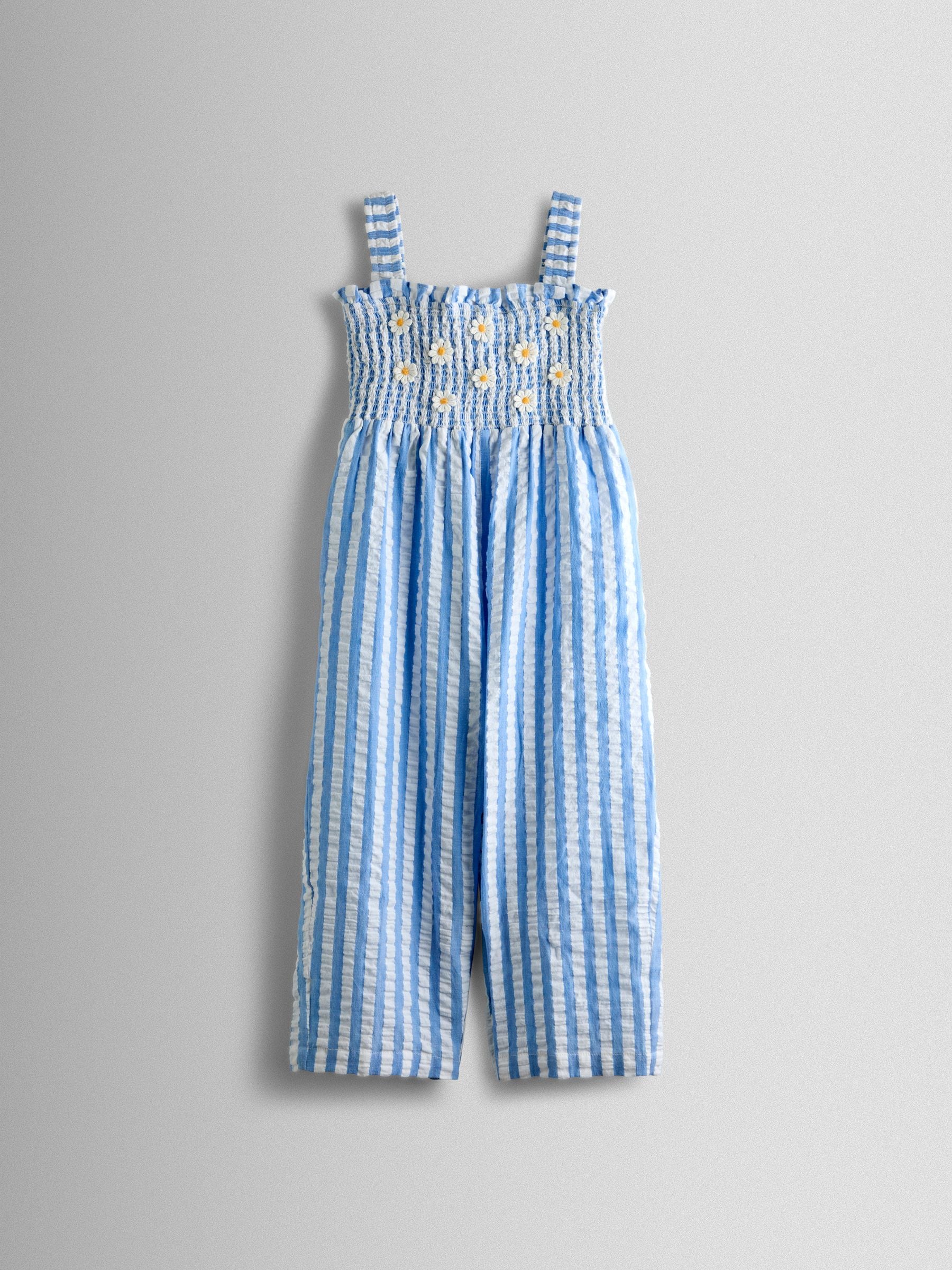 Jojo Maman Bébé Blue Stripe Daisy Smocked Bodice Strappy Jumpsuit