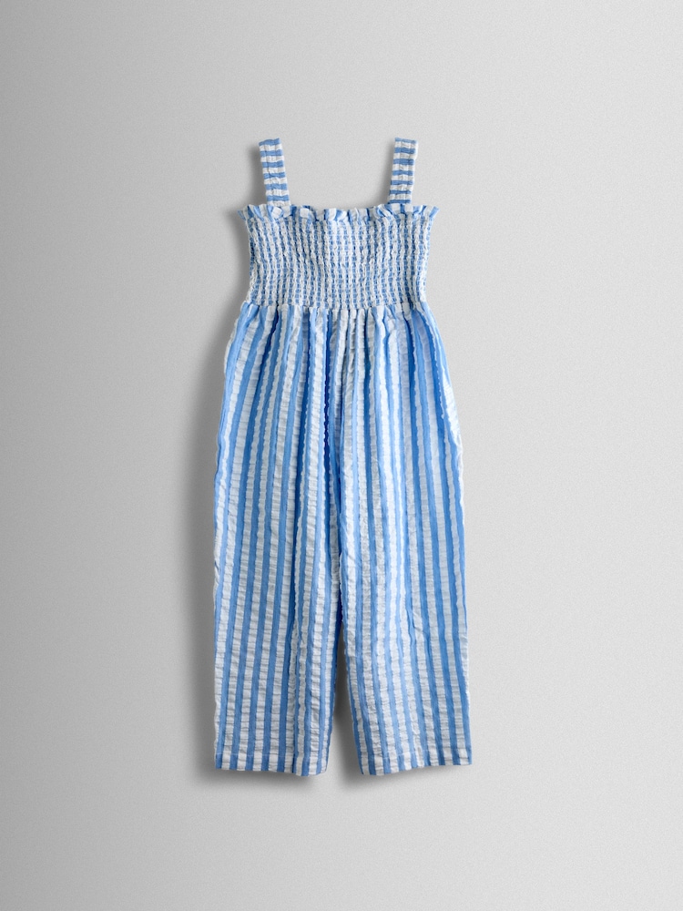 JoJo Maman Bébé Blue Stripe Daisy Smocked Bodice Strappy Jumpsuit - Image 2 of 4