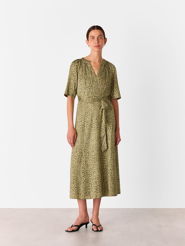 Whistles Green Petite Leopard Viscose Midi Dress - Image 1 of 5