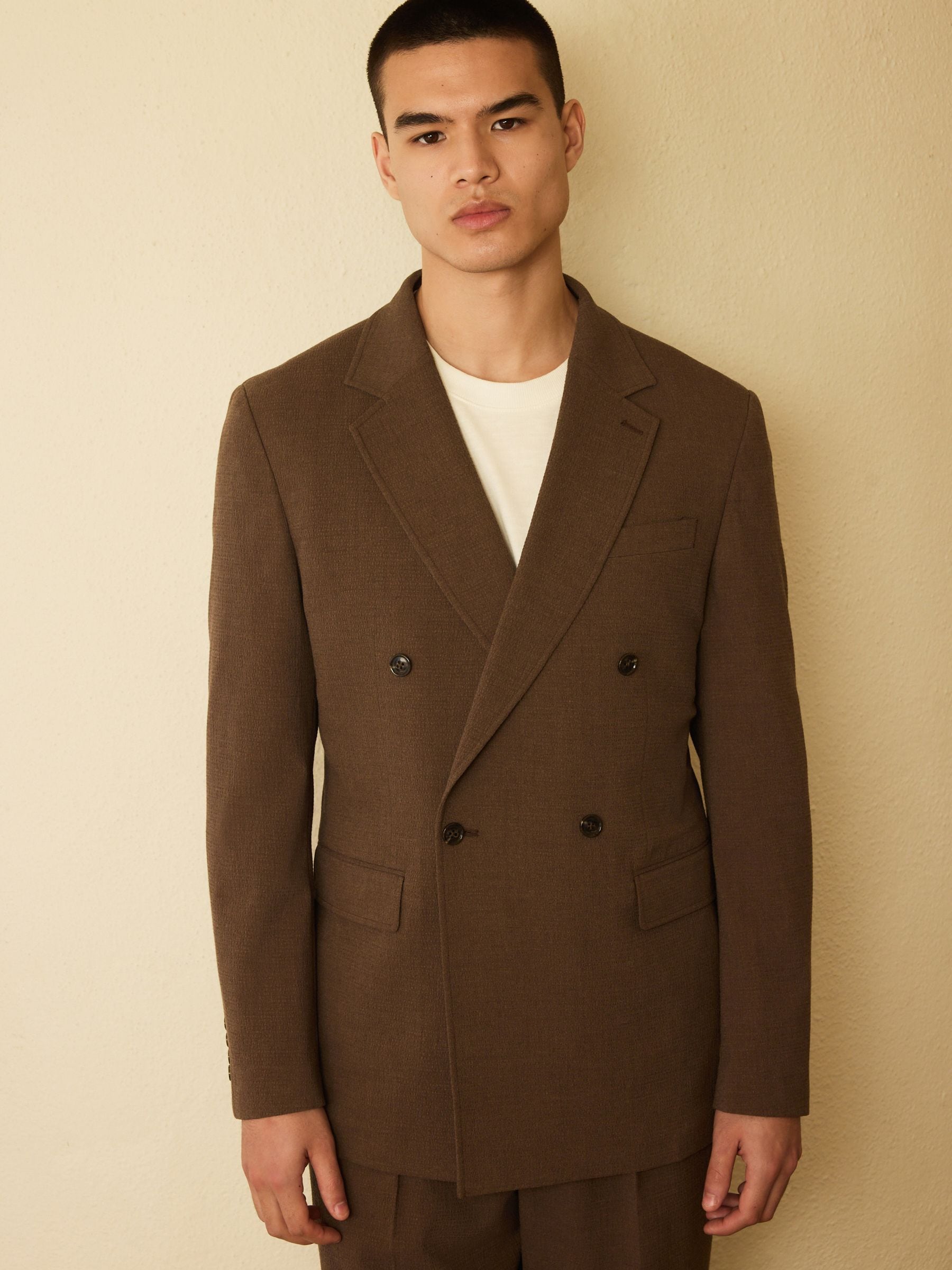 Buy Brown Relaxed Fit Double Breasted Seersucker Texture Suit