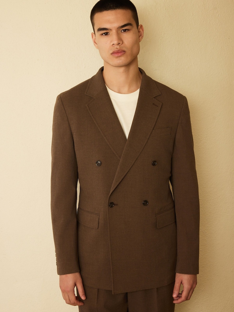 بني - Relaxed Fit Double Breasted Seersucker Texture Suit Jacket - Image 1 of 17