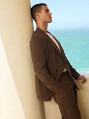 بني - Relaxed Fit Double Breasted Seersucker Texture Suit Jacket - Image 11 of 17