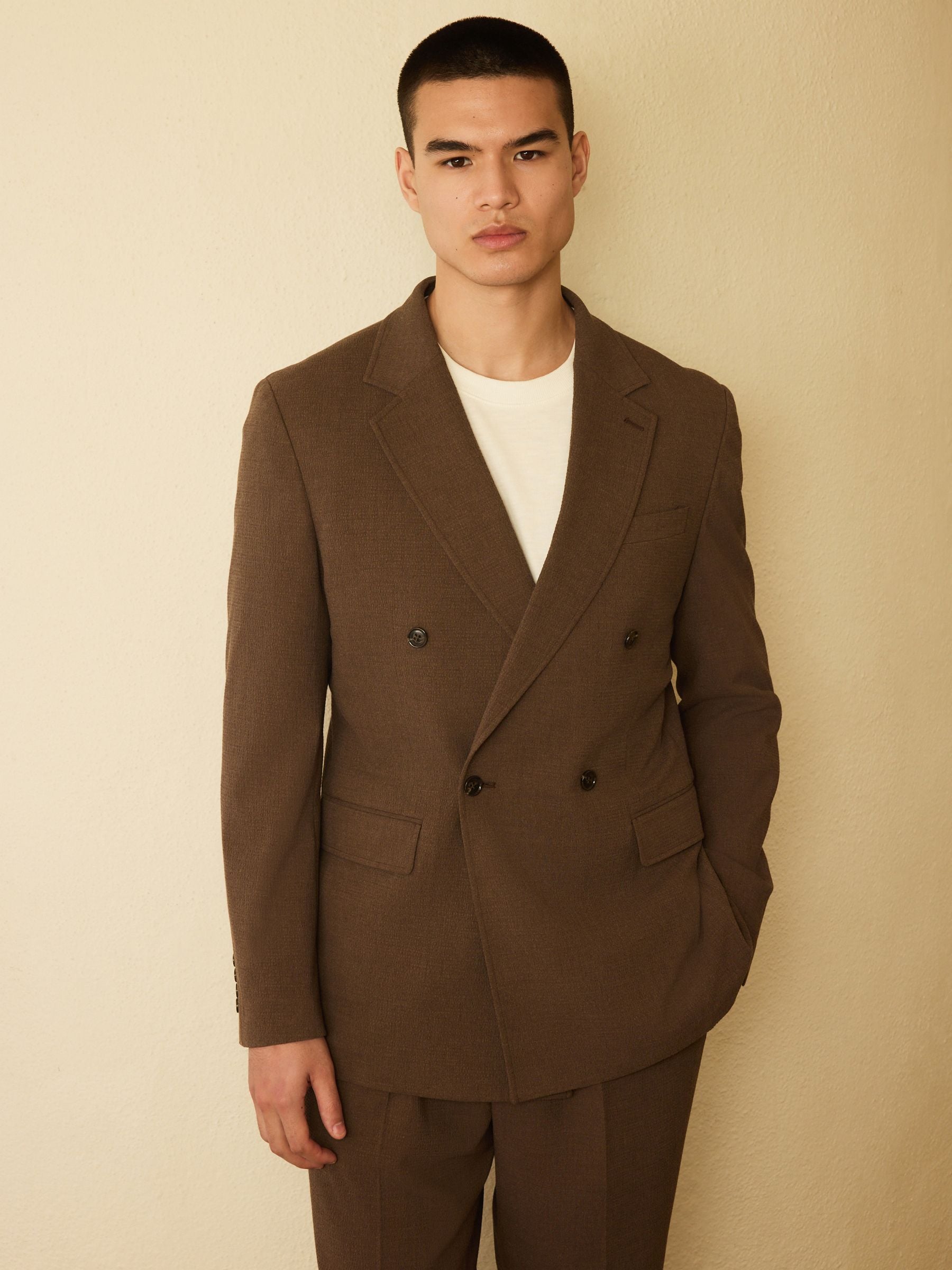 Buy Brown Relaxed Fit Double Breasted Seersucker Texture Suit