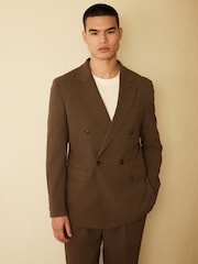 بني - Relaxed Fit Double Breasted Seersucker Texture Suit Jacket - Image 2 of 17