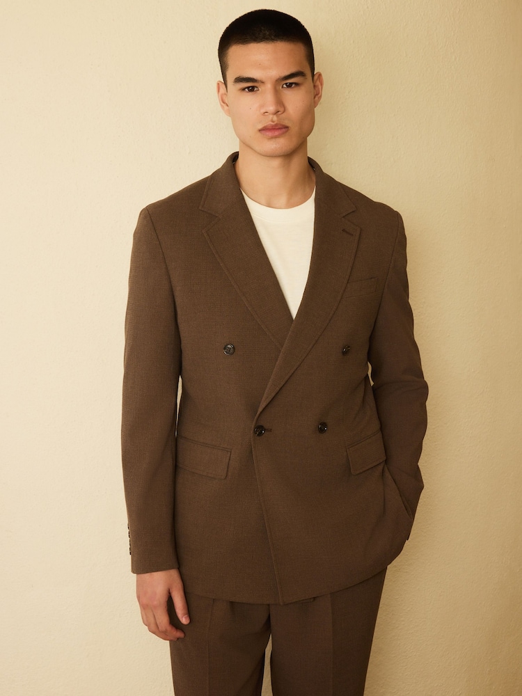 بني - Relaxed Fit Double Breasted Seersucker Texture Suit Jacket - Image 2 of 17