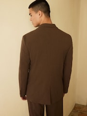بني - Relaxed Fit Double Breasted Seersucker Texture Suit Jacket - Image 3 of 17