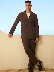 بني - Relaxed Fit Double Breasted Seersucker Texture Suit Jacket - Image 8 of 17