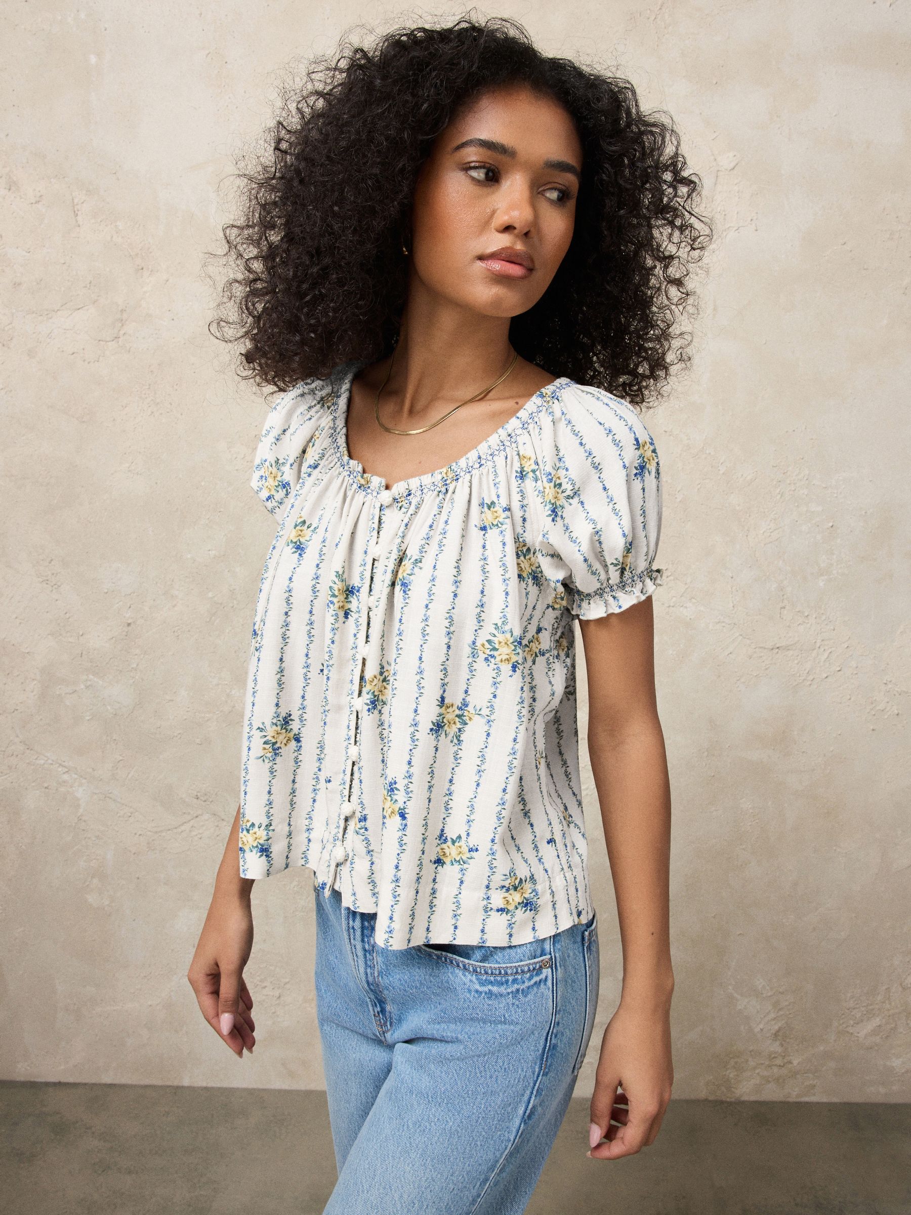 Buy Ecru Floral Print Puff Sleeve Bardot Top with Linen from Next USA