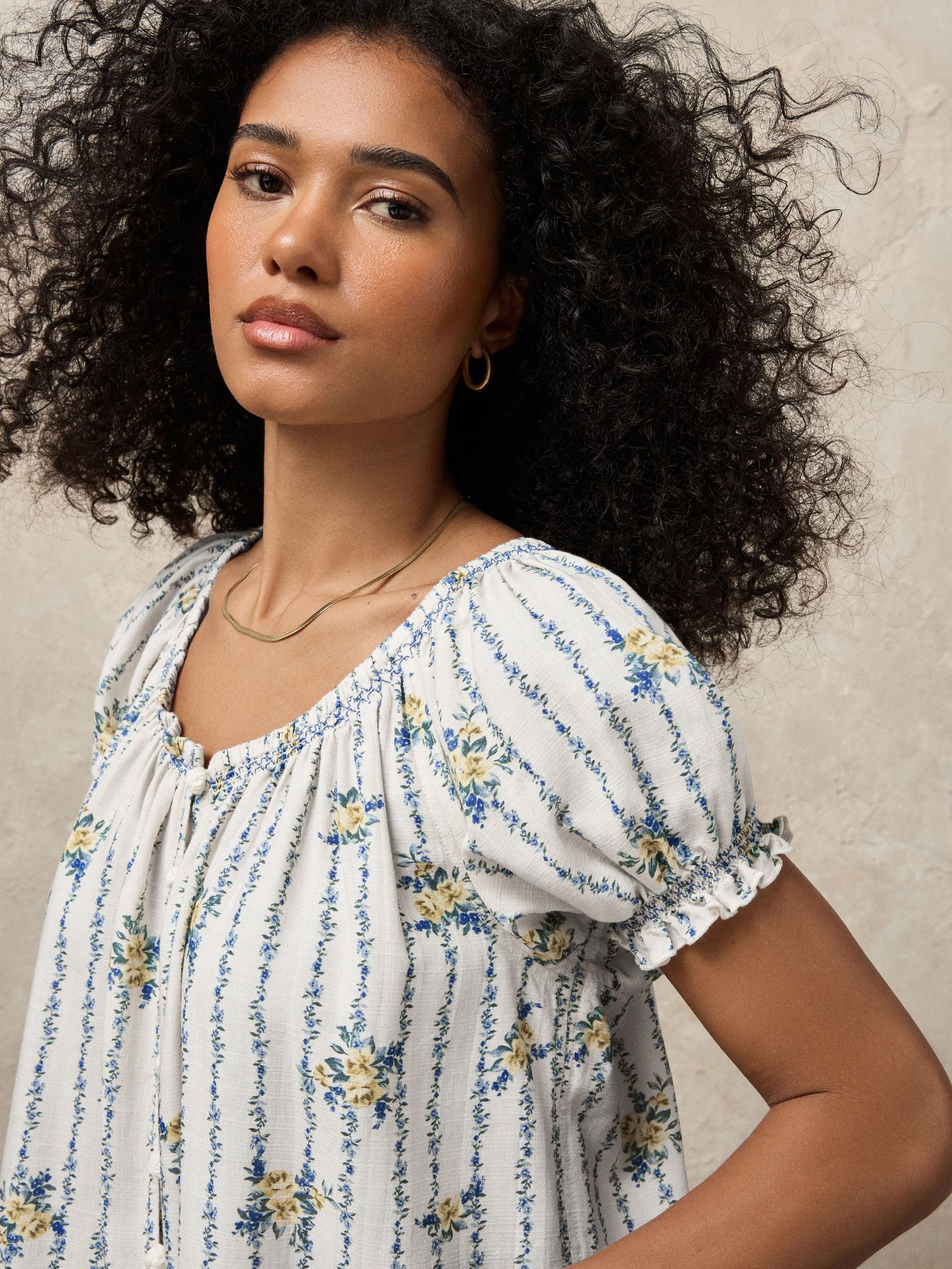 Buy Ecru Floral Print Puff Sleeve Bardot Top with Linen from Next USA