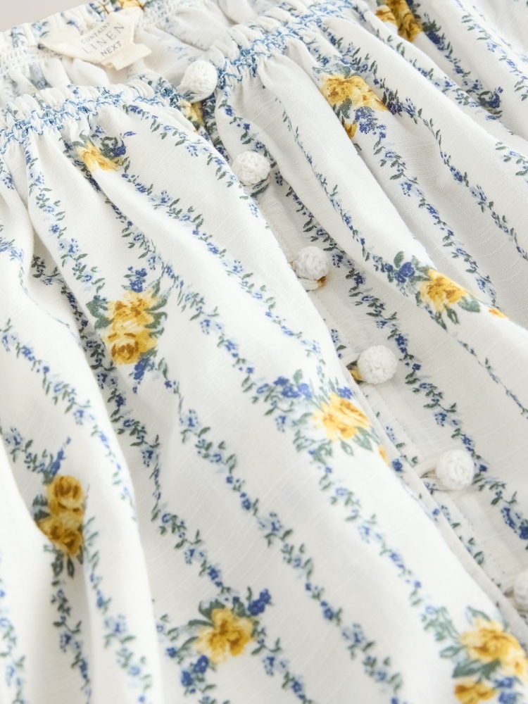 Ecru Floral Print Puff Sleeve Button Front Bardot Top With Linen - Image 8 of 8 Ecru Floral Print Puff Sleeve Button Front Bardot Top With Linen - Image 8 of 8