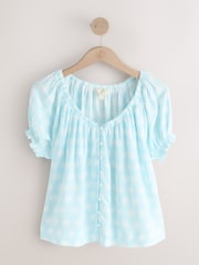 Blue/White Polka Dot Puff Sleeve Button Front Bardot Top With Linen - Image 1 of 3