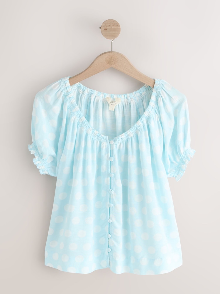 Blue/White Polka Dot Puff Sleeve Button Front Bardot Top With Linen - Image 1 of 3
