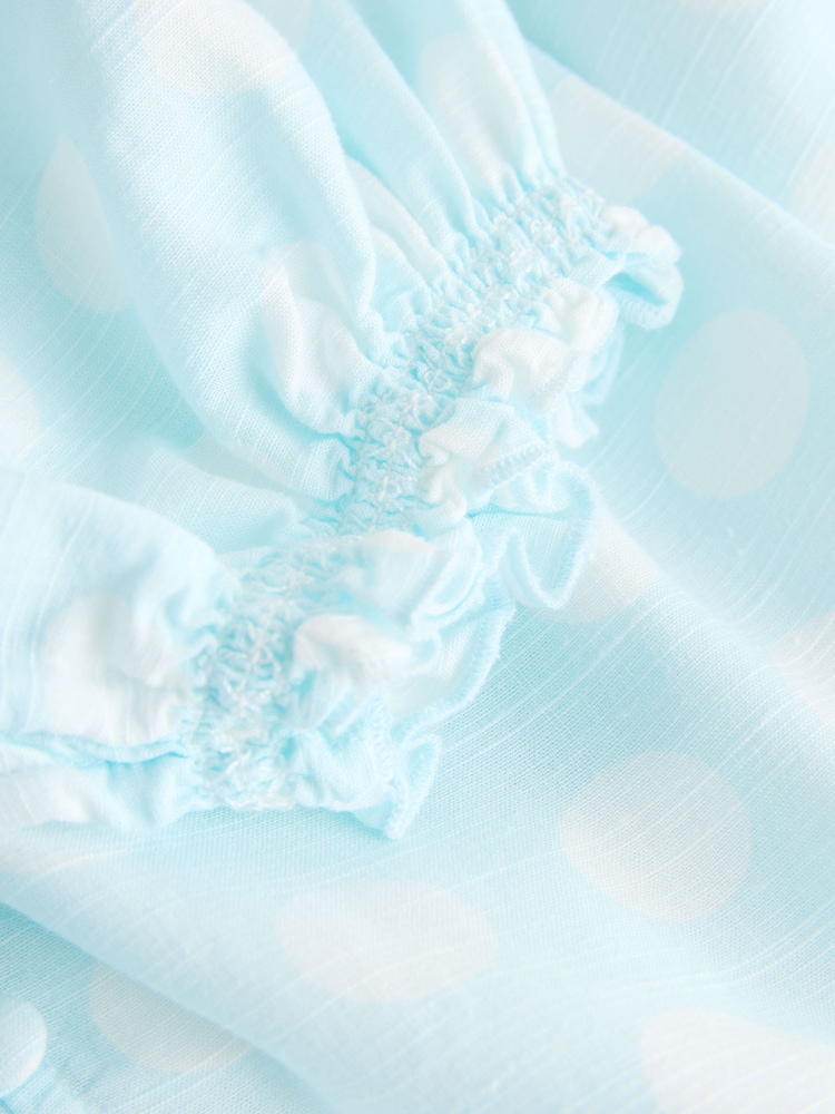 Blue/White Polka Dot Puff Sleeve Button Front Bardot Top With Linen - Image 2 of 3