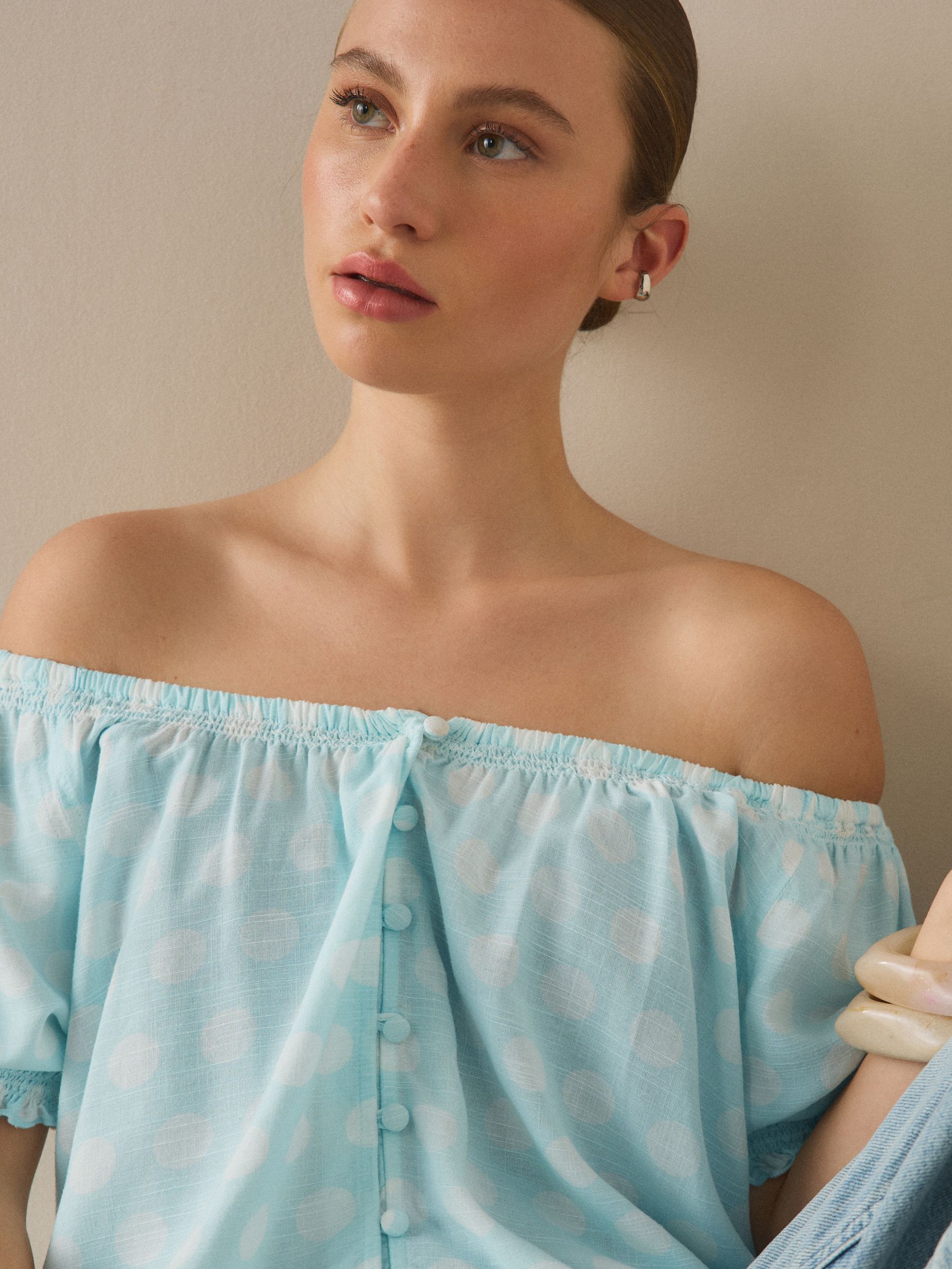 Buy Blue/White Polka Dot Puff Sleeve Bardot Top with Linen from