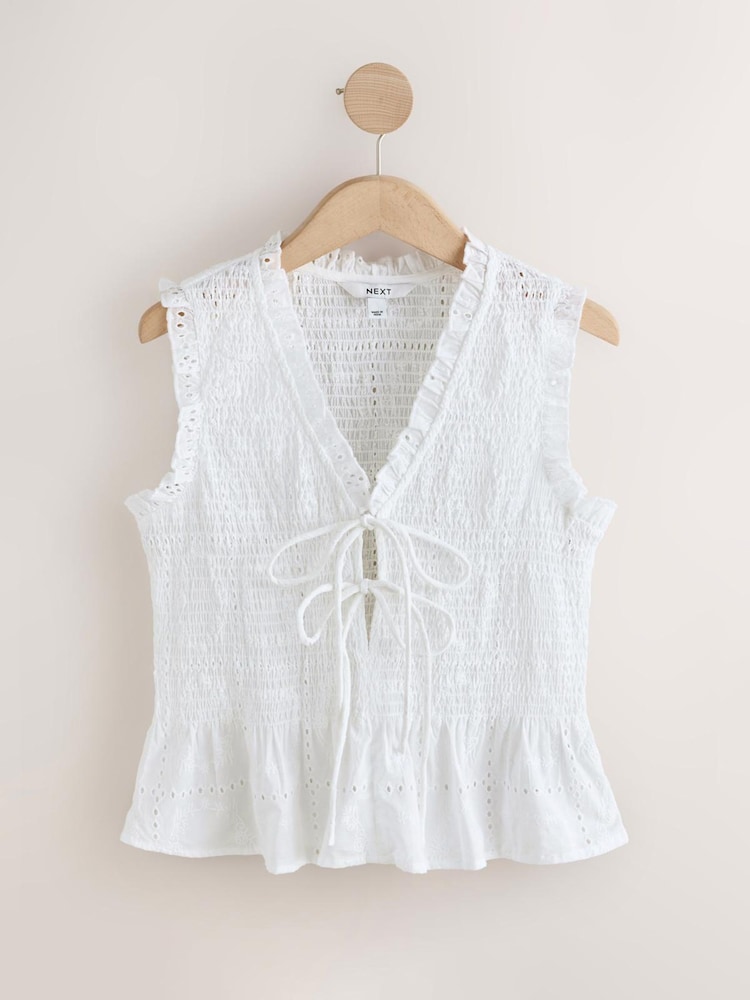 White Broderie Smocked Tie Front V-Neck Top - Image 1 of 3