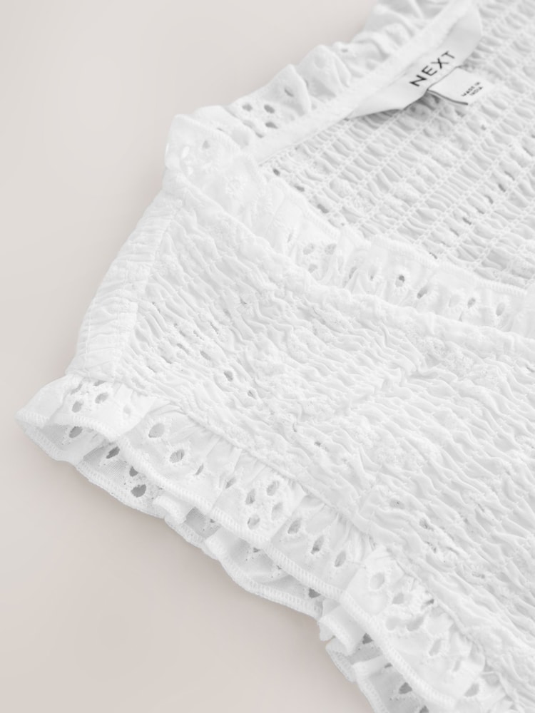 White Broderie Smocked Tie Front V-Neck Top - Image 2 of 3
