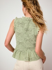 Green Gingham Bow Embroidered Smocked Tie Front V-Neck Top - Image 5 of 8