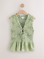 Green Gingham Bow Embroidered Smocked Tie Front V-Neck Top - Image 6 of 8