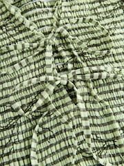 Green Gingham Bow Embroidered Smocked Tie Front V-Neck Top - Image 7 of 8