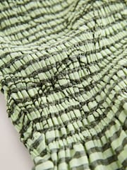 Green Gingham Bow Embroidered Smocked Tie Front V-Neck Top - Image 8 of 8