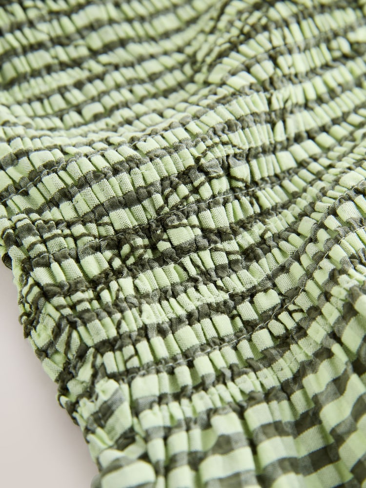 Green Gingham Bow Embroidered Smocked Tie Front V-Neck Top - Image 8 of 8