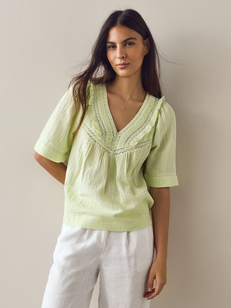 Lime Green Doublecloth V-Neck Ruffle Front Blouse - Image 2 of 5 Lime Green Doublecloth V-Neck Ruffle Front Blouse - Image 2 of 5