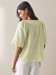 Lime Green Doublecloth V-Neck Ruffle Front Blouse - Image 3 of 5