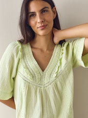 Lime Green Doublecloth V-Neck Ruffle Front Blouse - Image 4 of 5