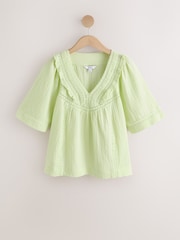 Lime Green Doublecloth V-Neck Ruffle Front Blouse - Image 6 of 8