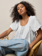 White Puff Sleeve Short Sleeve Top - Image 1 of 7