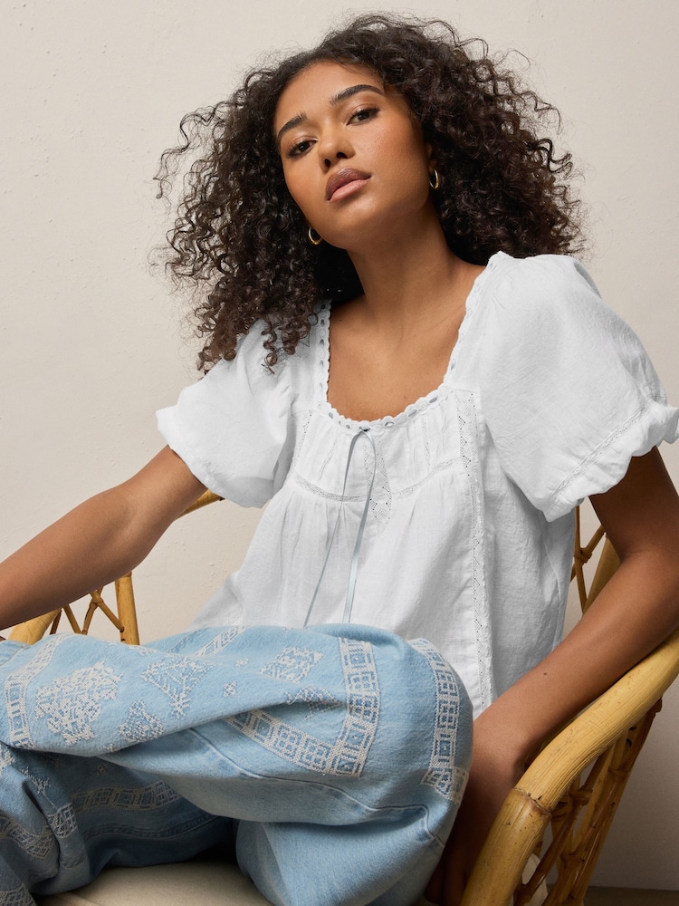 White Puff Sleeve Short Sleeve Top - Image 1 of 7