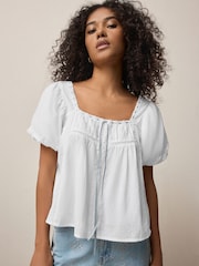 White Puff Sleeve Short Sleeve Top - Image 2 of 7