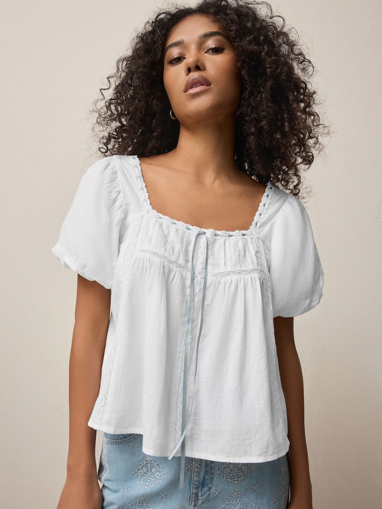 White Puff Sleeve Short Sleeve Top - Image 2 of 7