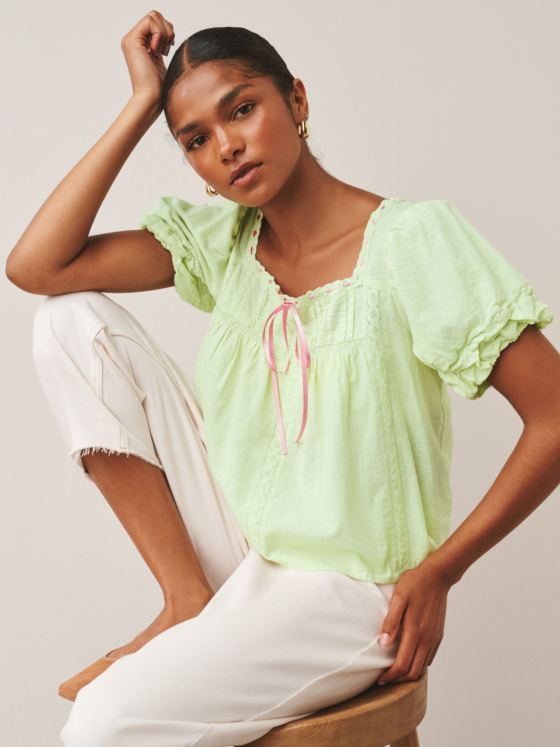 Buy Green/Pink Puff Sleeve Short Sleeve Top from Next Ireland