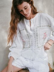 Blanc/rose Fleuri Brodé - Haut à manches longues N.premium boutonné sur le devant - Image 3 sur 10