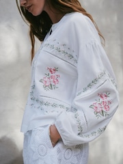 Blanc/rose Fleuri Brodé - Haut à manches longues N.premium boutonné sur le devant - Image 5 sur 10