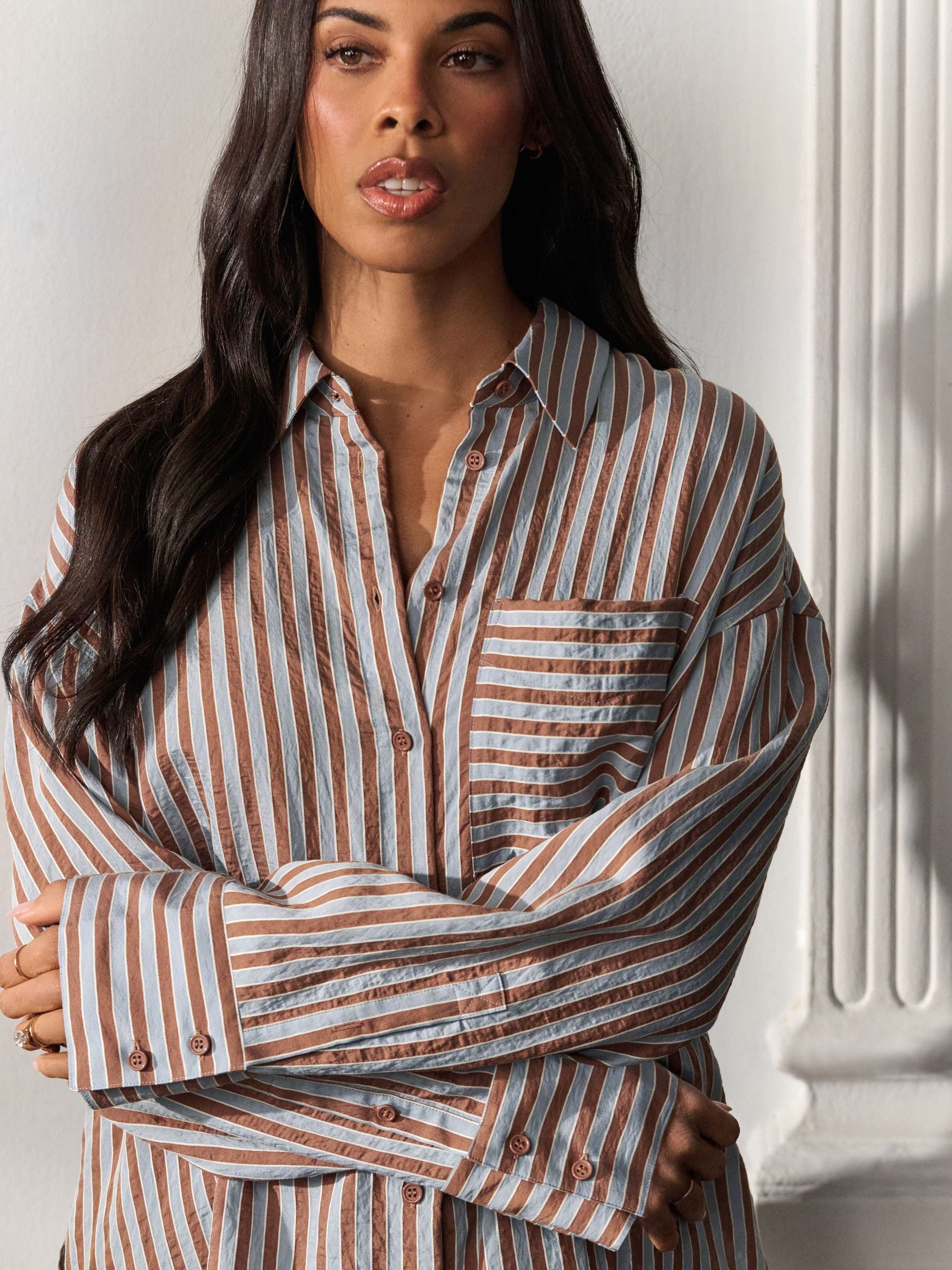 Buy Blue/Brown Jacquard Stripe Oversized Long Sleeve Shirt from