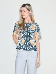 Navy Floral Border Print Short Sleeve Boxy Top - Image 1 of 7