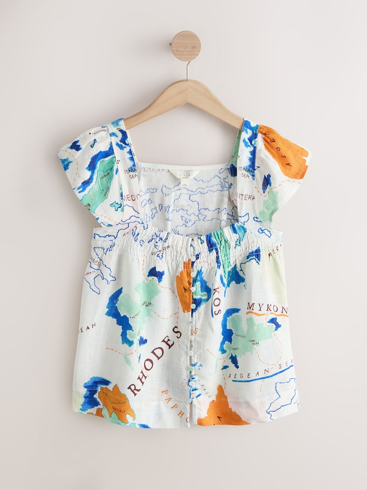 Ecru/Orange Map Print - Flutter Sleeve Button Front Top With Linen - Bild 1 von 3