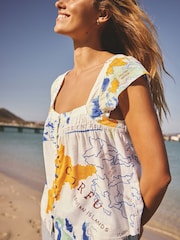 Ecru/Orange Map Print Flutter Sleeve Button Front Top With Linen - Image 4 of 7