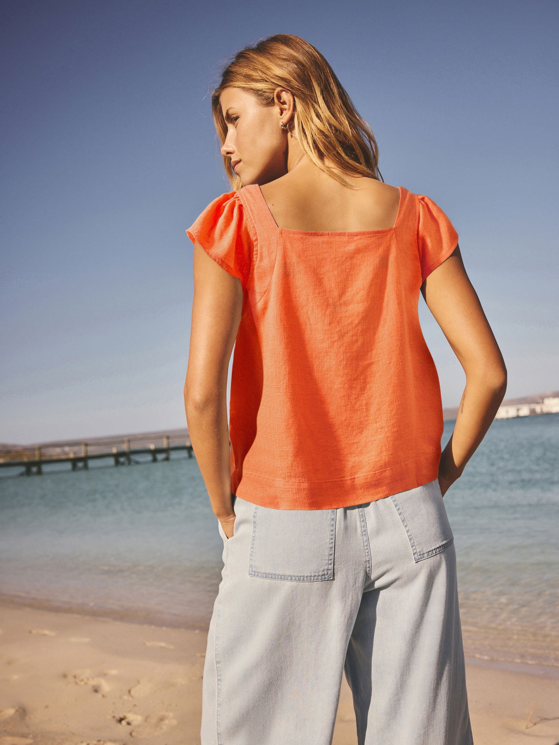 トップス Mamilyn Cumpără Portocaliu - Flutter Sleeve Button Front Top With Linen