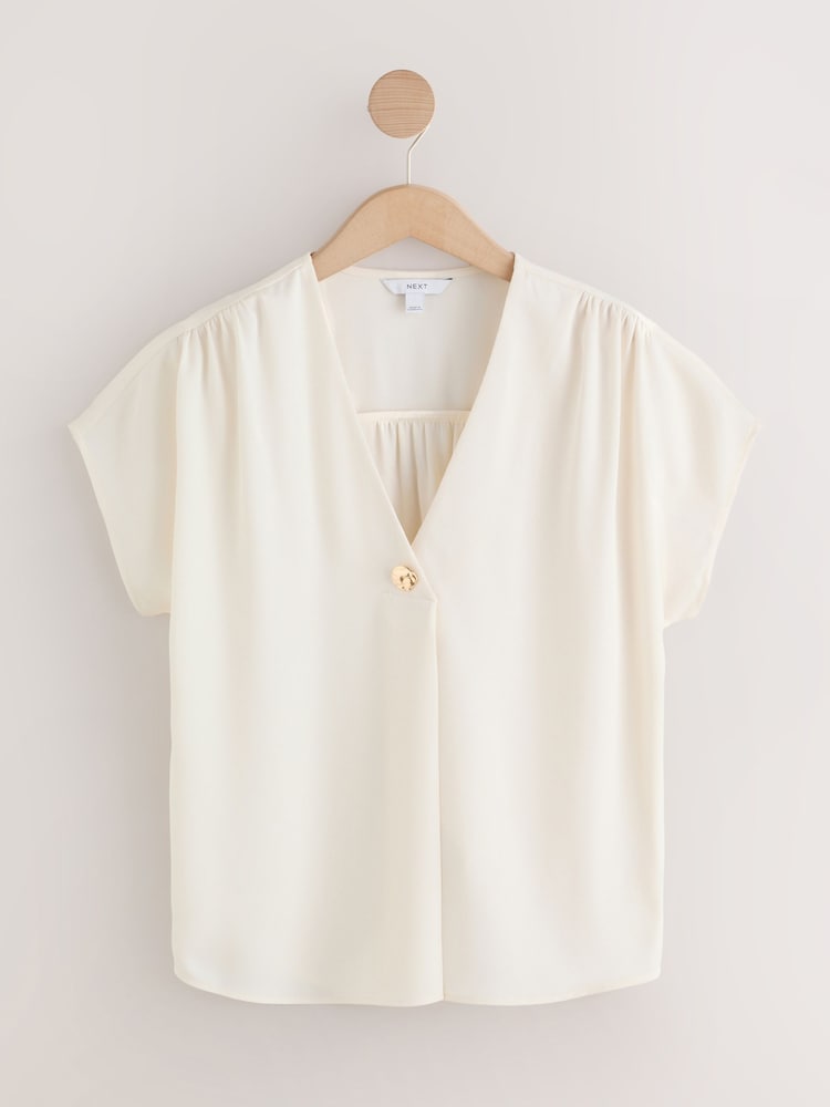 Ecru Short Sleeve Overhead V-Neck Blouse - Image 1 of 4