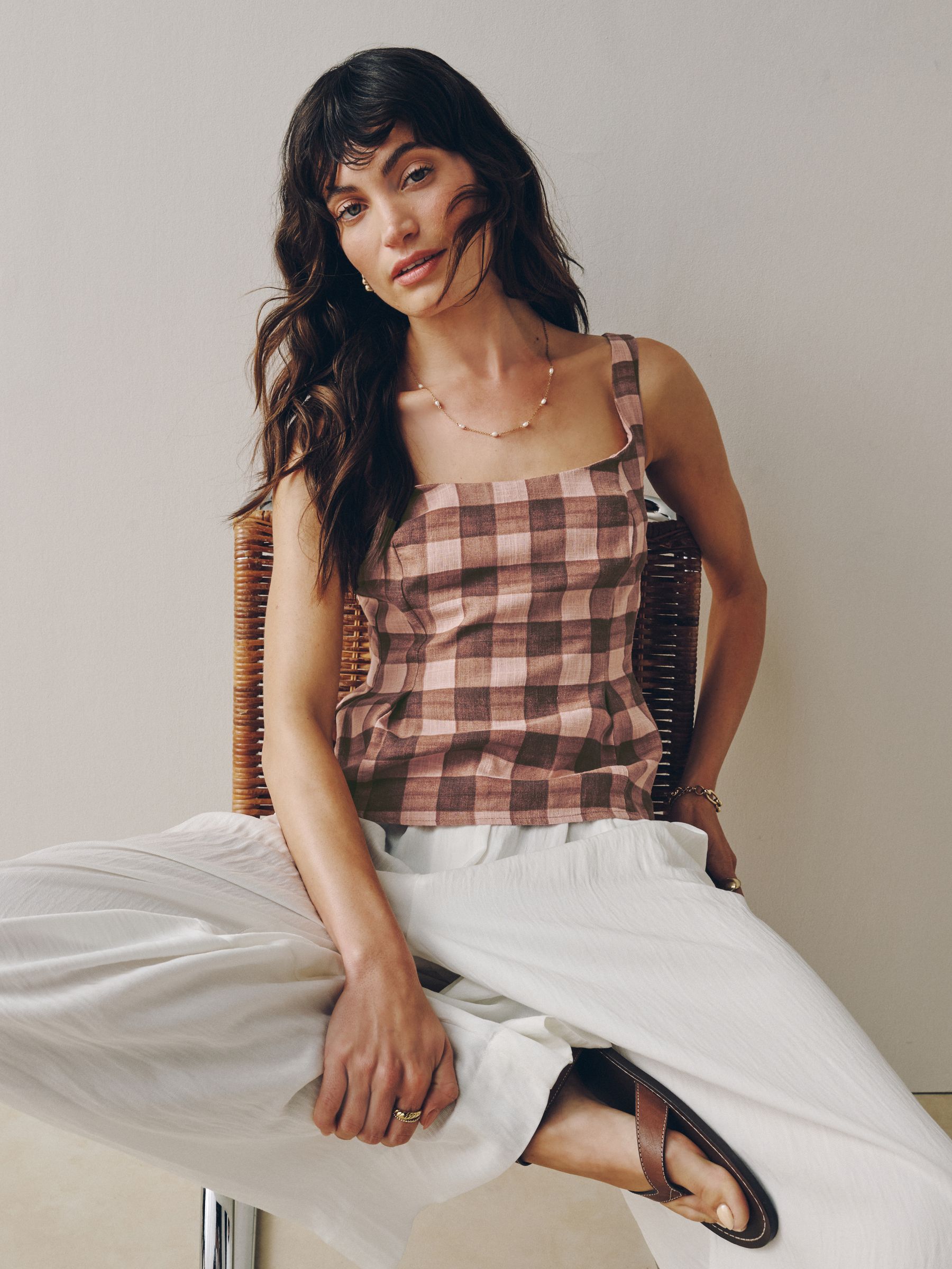 Buy Pink/Brown Gingham Peplum Top with Linen from Next USA