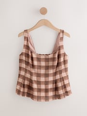 Pink/Brown Gingham - رداء عُلوي مُهيكل بحاشية كشكشة يحتوي على كتّان - Image 1 of 3